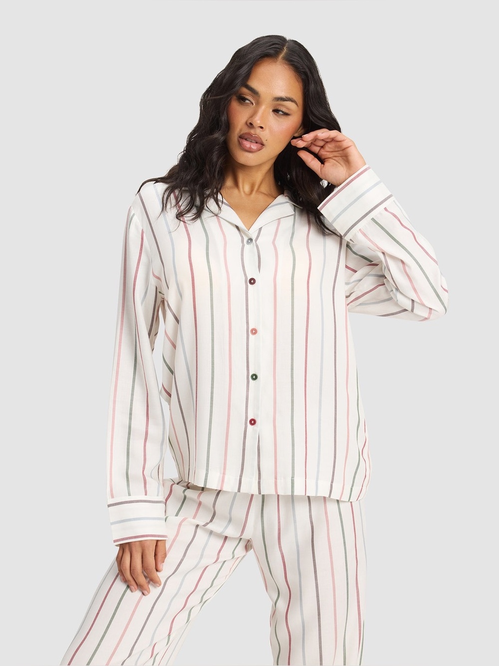 Cozy Earth Soft Woven Long Sleeve Button Down Pajama Top Cottage Stripe Multi M